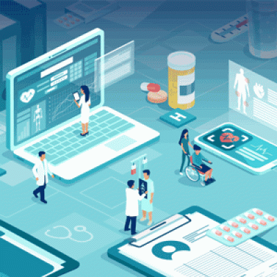 Image of health professionals navigating technology